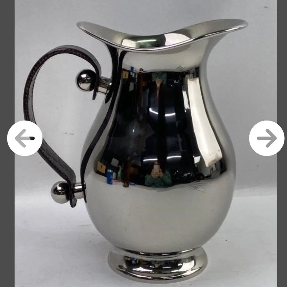Polished Stainless Steel Pitcher Brown Faux Crocodile Leather Wrapped Handle - Picture 4 of 8